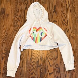 White Cropped Hoodie with Rainbow Heart